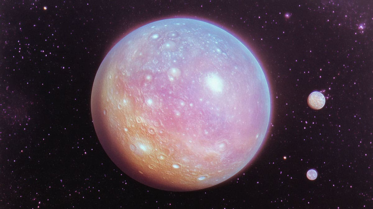 a pink planet in the middle of a dark, starry sky